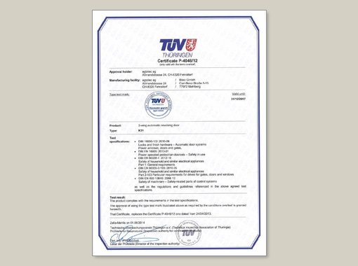 record K21 – TÜV Zertifikat